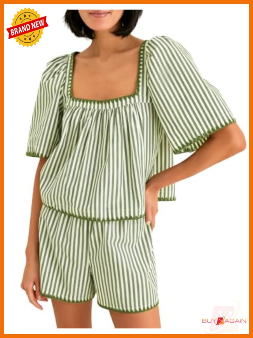 Womens 2 Piece Shorts Set Striped Puff Sleeve Top Summer Matching Outfit